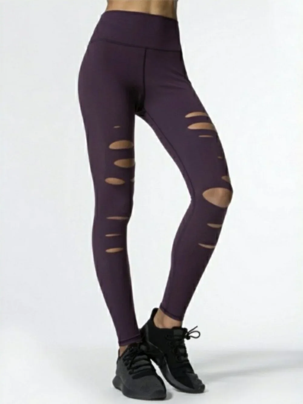 High Waist Ripped Warrior Leggings in Eggplant Size L
